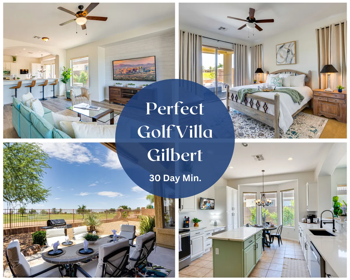 The image showcases an inviting open-concept living room seamlessly connected to a modern kitchen with quartz countertops and a cozy dining area. Through expansive windows, guests can glimpse the patio and vibrant Arizona sunset views over the lush greens of the Seville Golf Course. The setting is bright, stylish, and perfect for both relaxation and social gatherings.